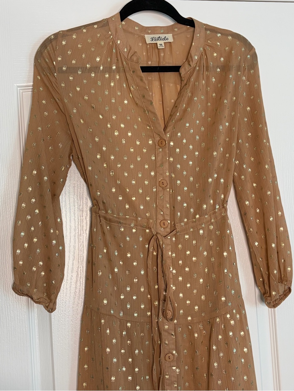 Tan and Metallic Gold Dot Tired Listicle Midi Dress - Picture 2 of 8